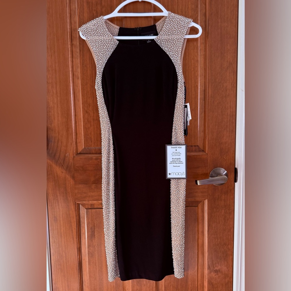 NWT Xscape crystal beaded bodycon black cocktail sheath dress, size 2